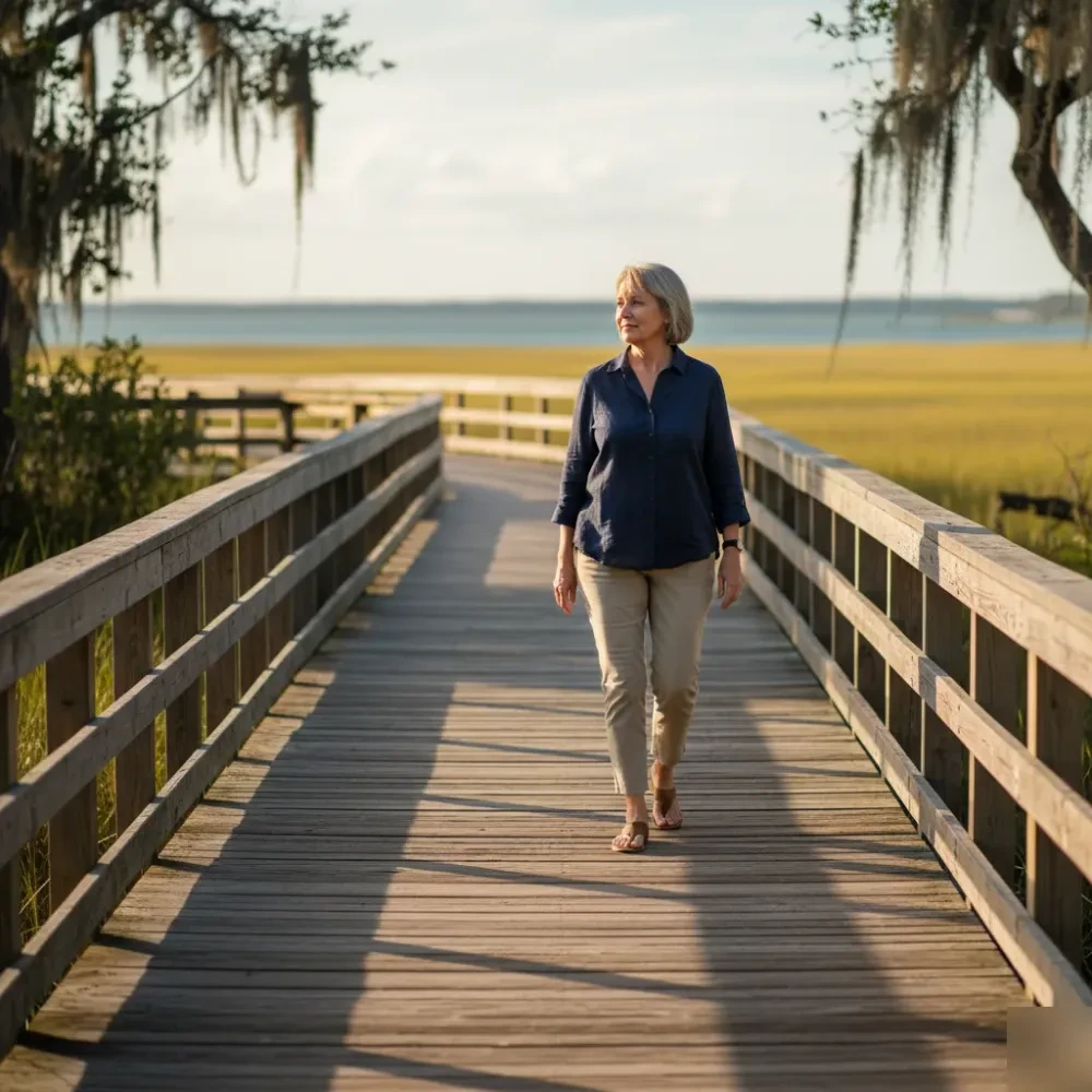 Woman walks along a marsh boardwalk in Murrells Inlet after lipotropic injection treatments.