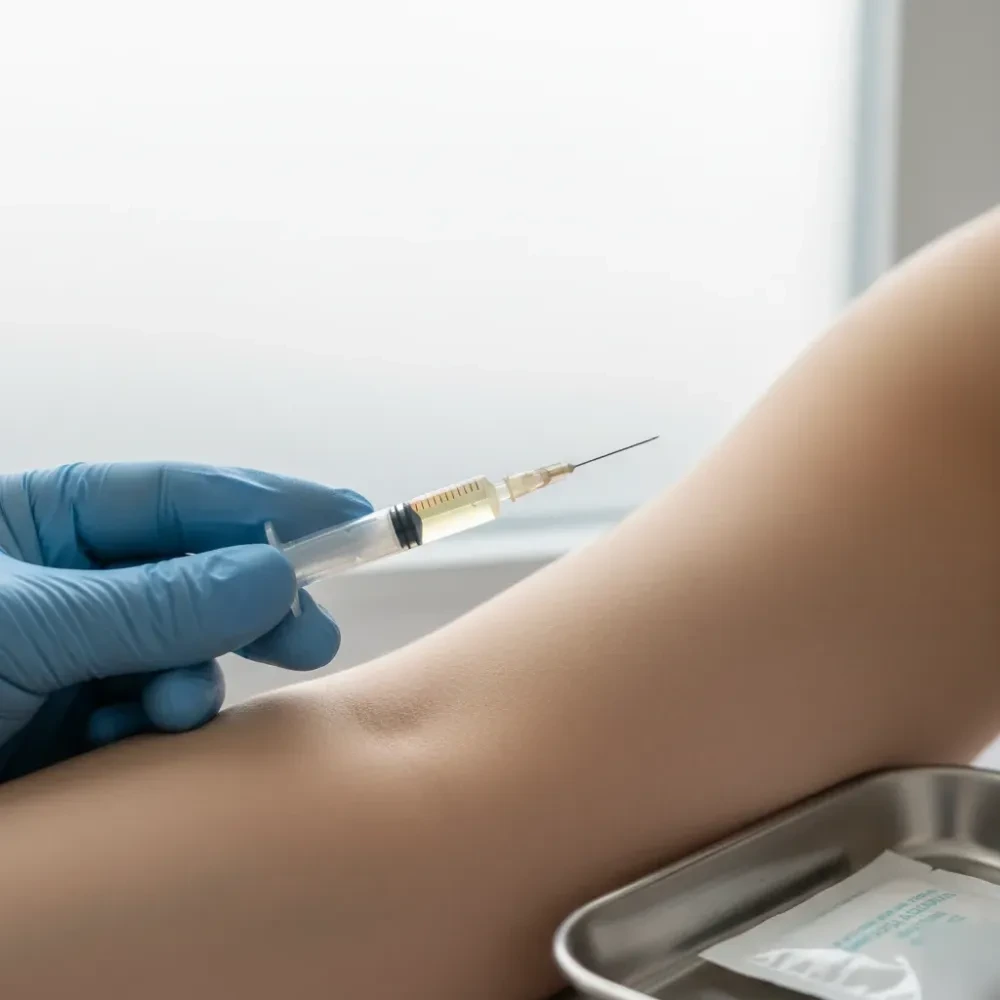 Close-up of a gloved hand holding a syringe for a lipotropic injection at a Murrells Inlet clinic.