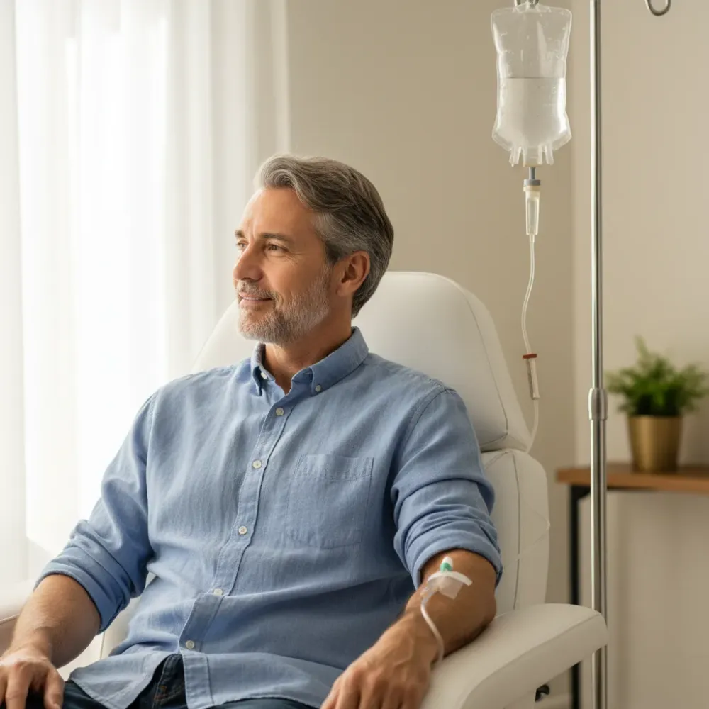Man in a linen shirt resting during a vitamin IV drip session at a coastal South Carolina clinic.