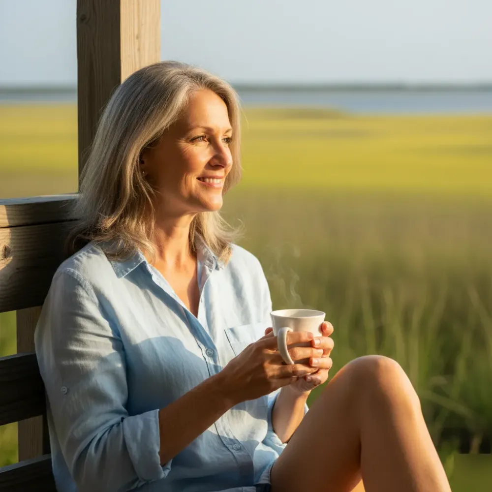 Woman in her late fifties smiles on a sunlit coastal porch overlooking South Carolina marshland.