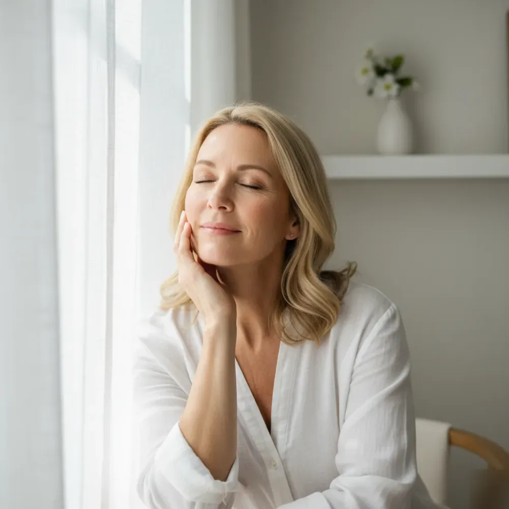 A woman in her mid-50s with smooth, healthy skin sitting near a sunlit window in a coastal medical spa setting.