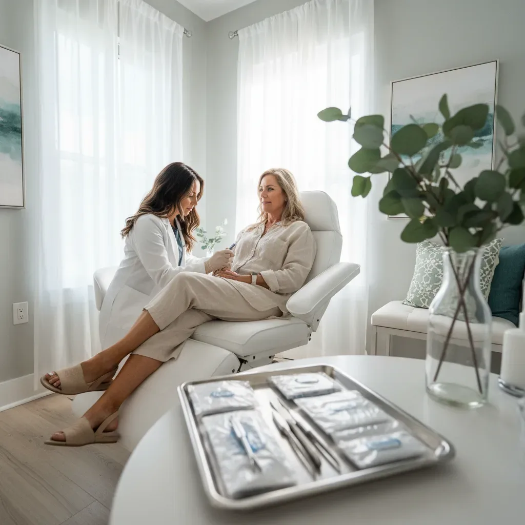 A woman in her fifties relaxes in a boutique medical spa treatment room with soft coastal morning light.