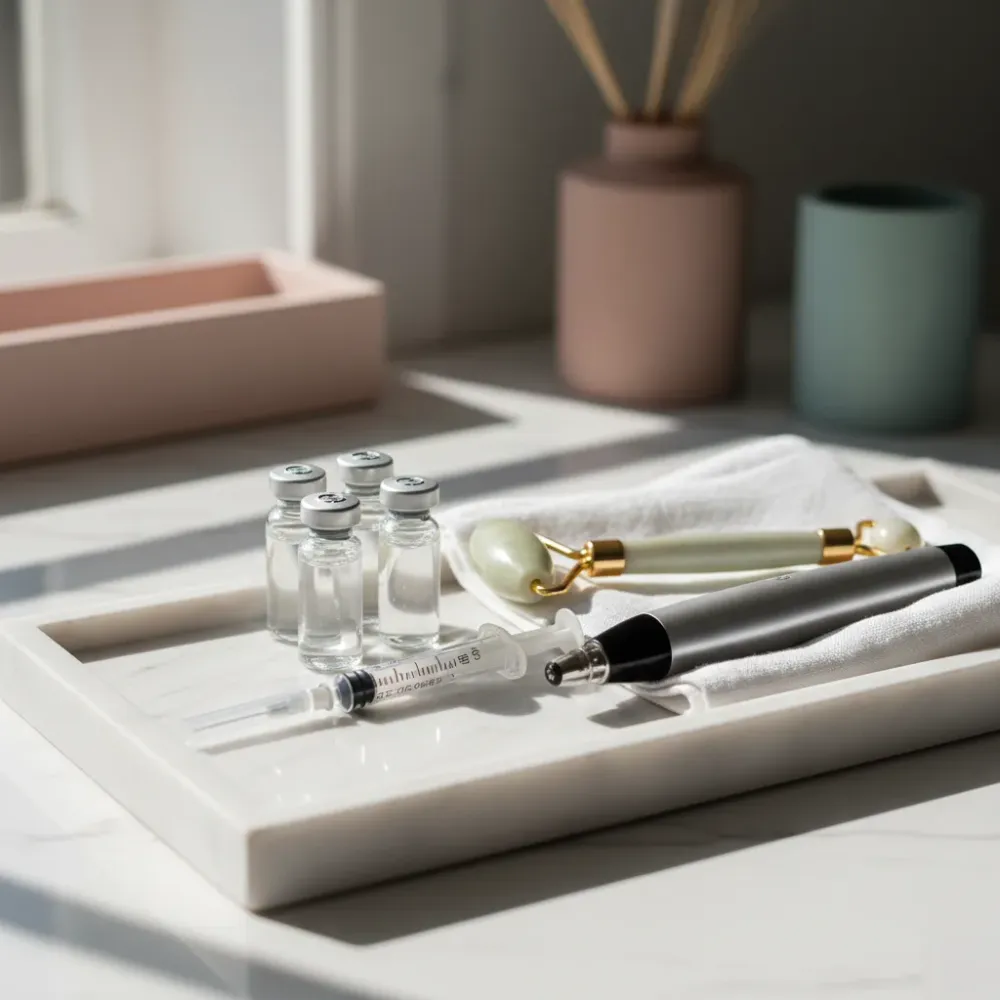 Medical spa tools including syringes, vials, and a microneedling pen arranged on a marble tray.