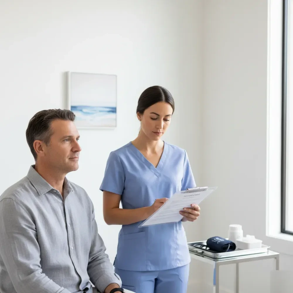 Man in his mid-50s stands calmly in a clean clinic room while a nurse reviews his intake form during a weight loss program