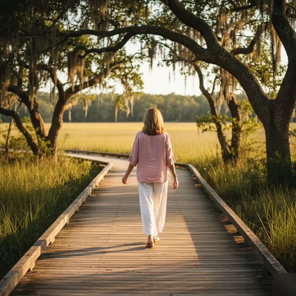 Woman in her early 50s walks along a sunlit Lowcountry boardwalk near coastal marsh in Murrells Inlet during golden hour.