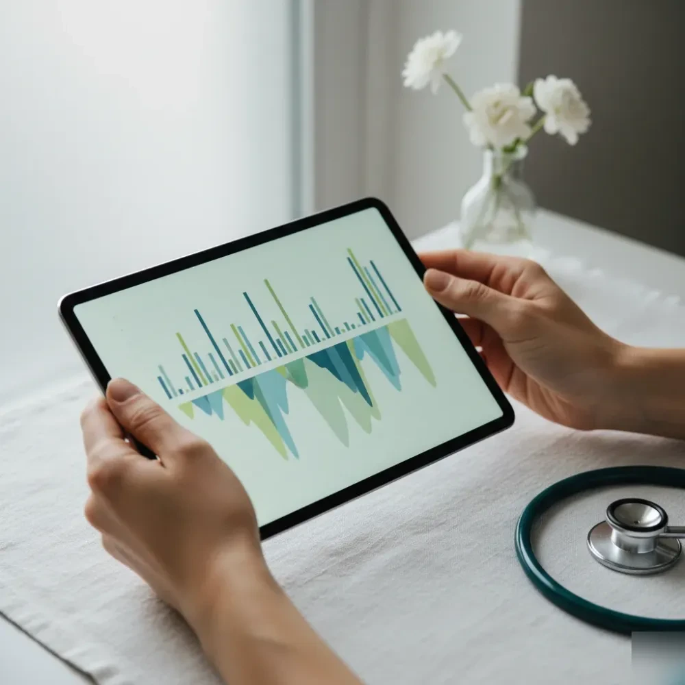 Close-up of physician hands holding a clinical tablet beside a stethoscope on a linen surface during a medical weight loss