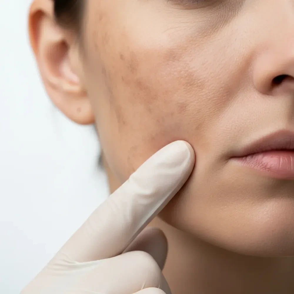 Close-up of melasma pigmentation patches on a woman's cheek with a treatment applicator touching the skin.