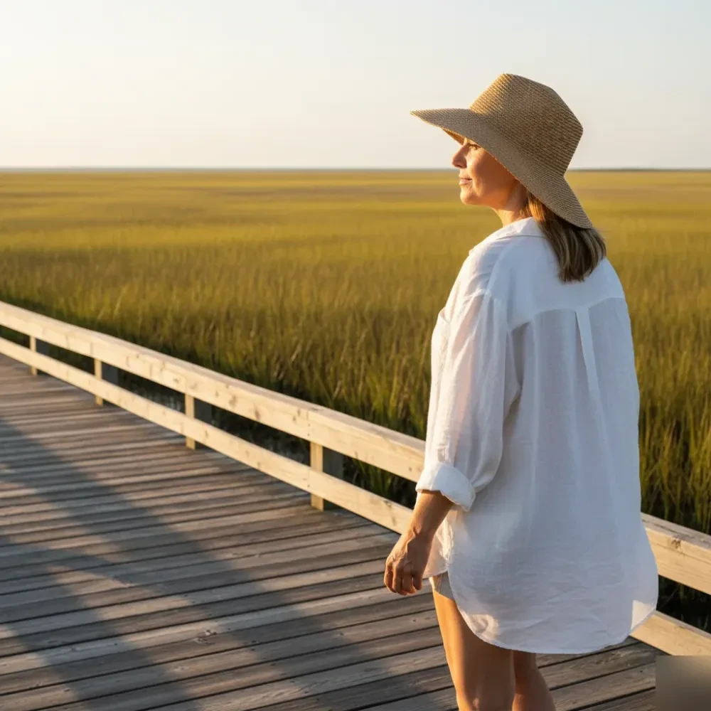 Woman in a straw hat walks a marsh boardwalk in coastal South Carolina with clear, even skin in golden afternoon light.