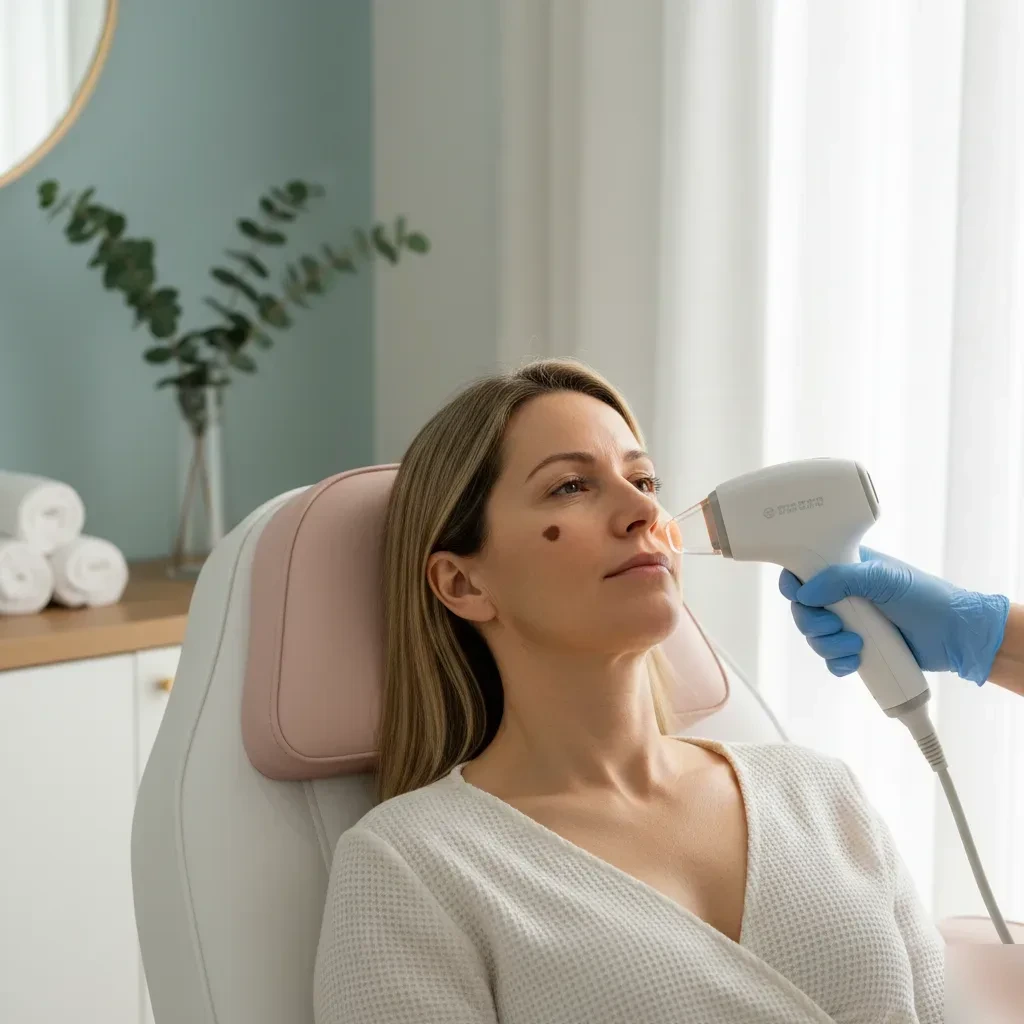 A woman receiving melasma treatment with an IPL device at a boutique clinic in Murrells Inlet.