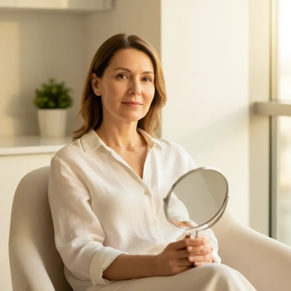 Woman in her early 50s with clear, even skin holds a mirror in a sunlit clinic room after melasma treatment.