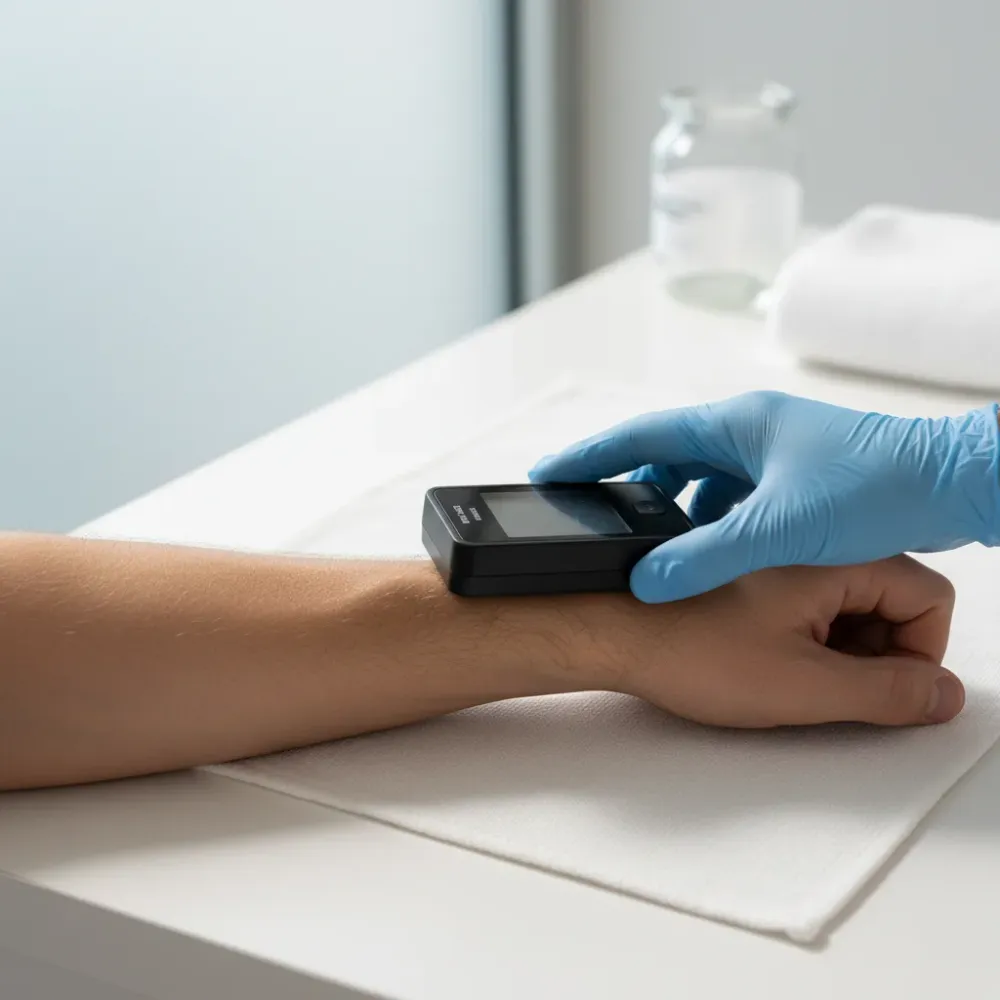 Close-up of a body composition measurement device pressed against a man's forearm on a clinic countertop in soft side