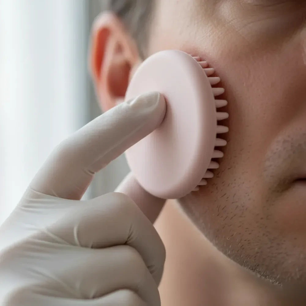 Close-up of a silicone cleansing brush pressed against a man's cheek during a facial treatment, revealing skin texture and
