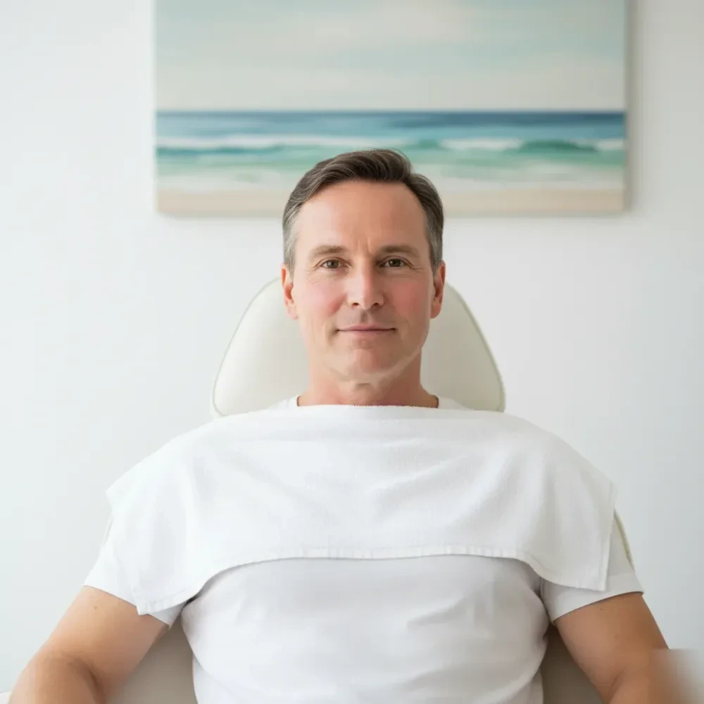 Man in his early 50s sits calmly after a men's facial, skin smooth and evenly toned under natural window light.