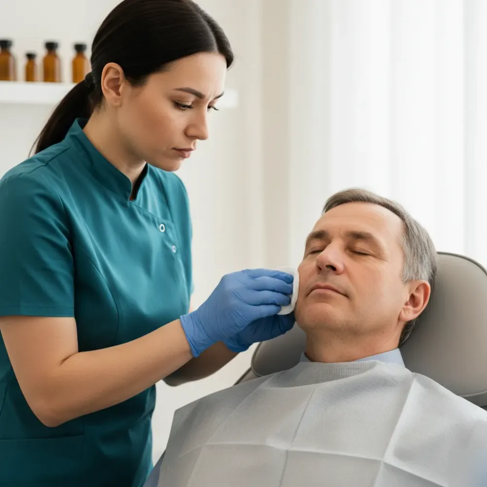 Man in his late fifties receiving a facial treatment from an esthetician in a Murrells Inlet clinic room.