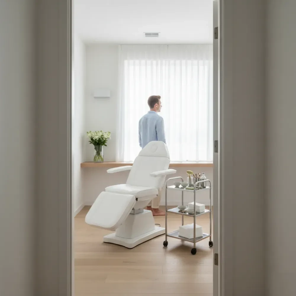 Bright, airy facial treatment room with a chair, instrument tray, and a man near a sunlit window in Murrells Inlet.
