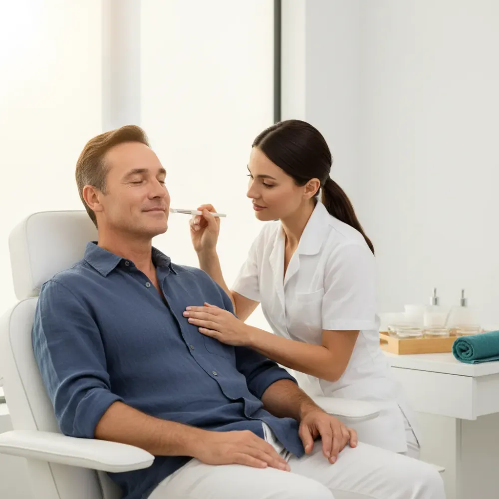 Man in his late 50s receiving a facial peel application in a clean coastal spa treatment room.