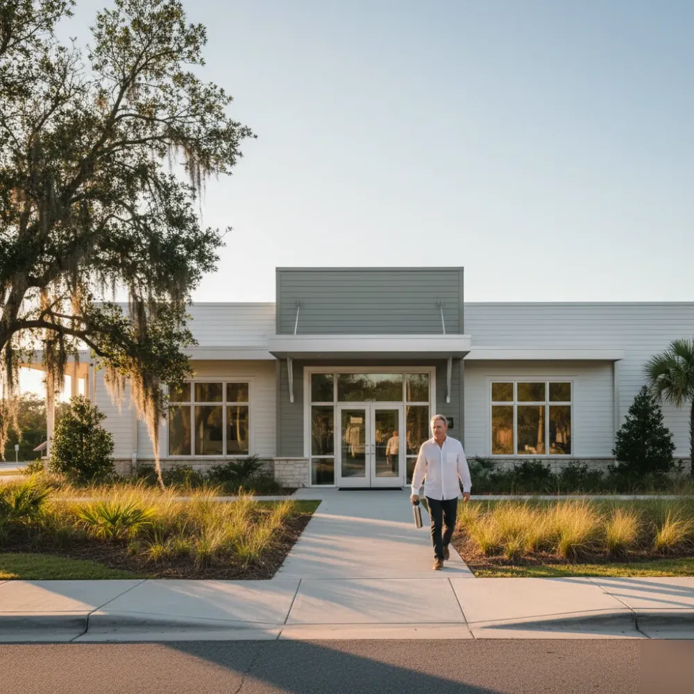 Man in his 50s walks toward the entrance of a modern boutique medical clinic in Murrells Inlet beneath a live oak at golden