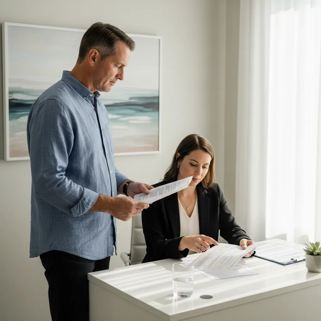 Man in his 50s reviewing a structured weight loss plan with a clinic coordinator in a bright coastal South Carolina medical office.