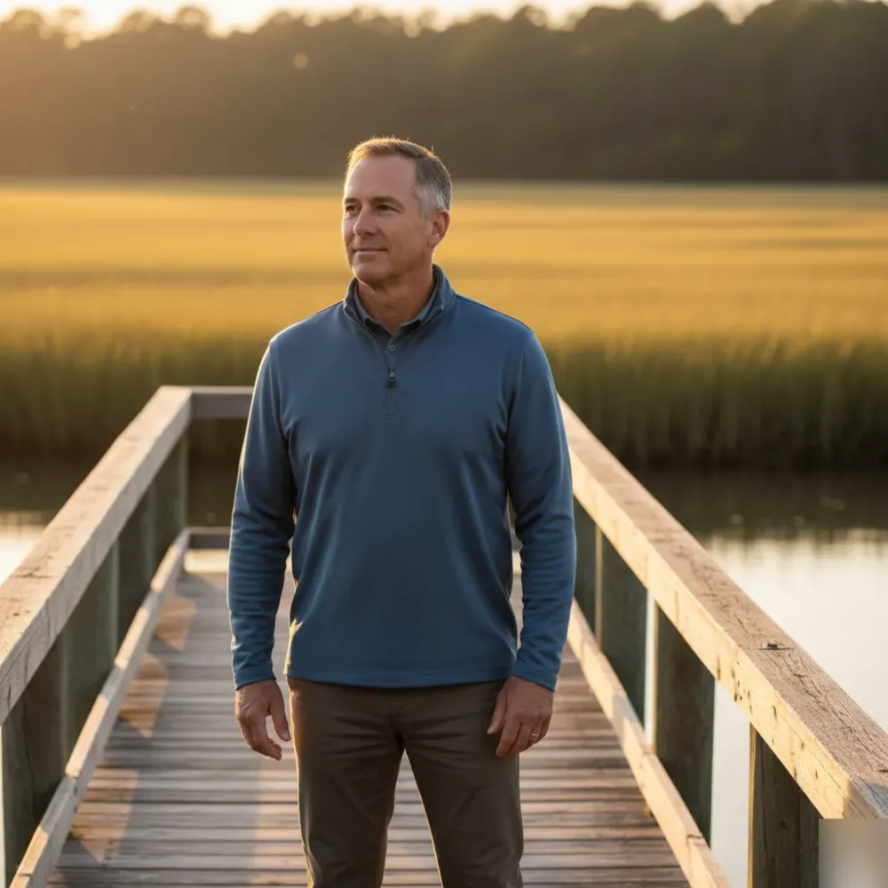 Man in his late 50s stands on a wooden marsh dock in Murrells Inlet at golden hour, looking out over tidal water with a calm