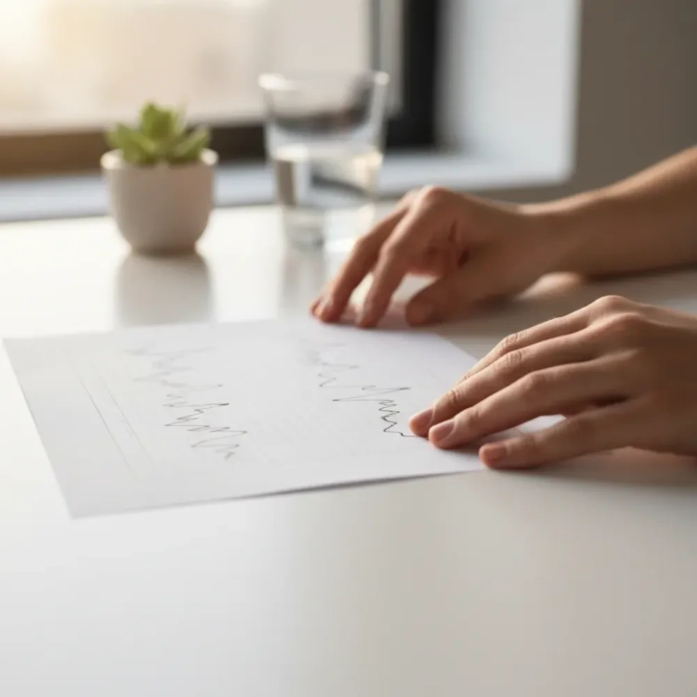 Close-up of hands placing a metabolic rate chart on a desk during a weight plateau review session.