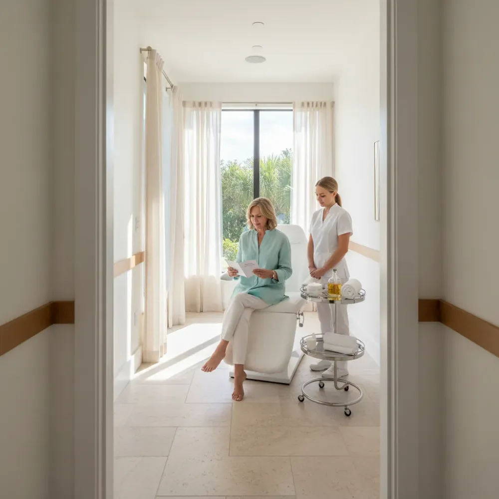 Woman reviews aftercare instructions with a technician inside a bright coastal clinic treatment room in Murrells Inlet.