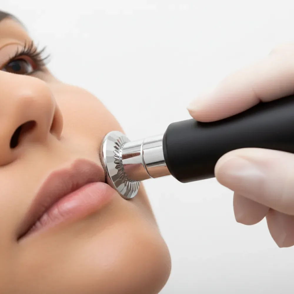 Close-up of a diamond-tip microdermabrasion handpiece making contact with skin during a facial treatment.
