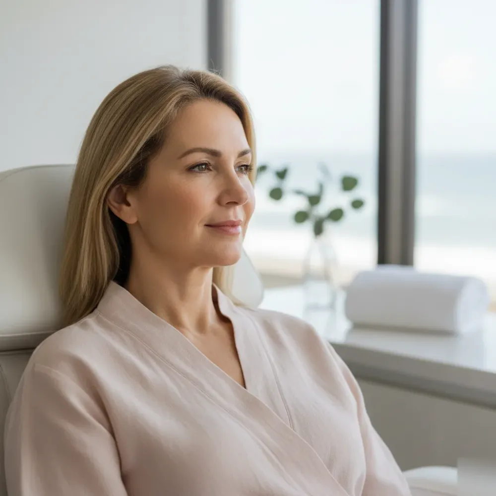 Woman with smooth, even skin sits in a treatment chair after a microdermabrasion session in Murrells Inlet.