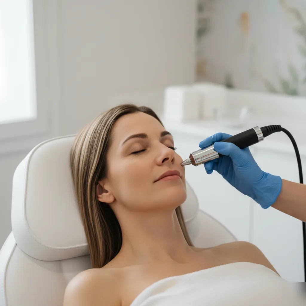 Woman receiving a microdermabrasion facial treatment at a boutique clinic in Murrells Inlet, SC.