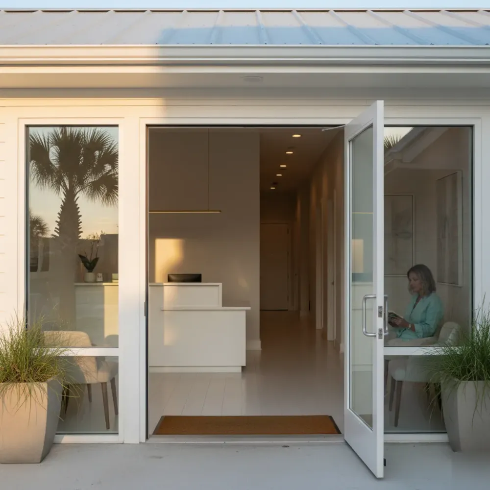 Boutique microneedling clinic exterior and interior viewed through a glass door in Murrells Inlet, South Carolina.