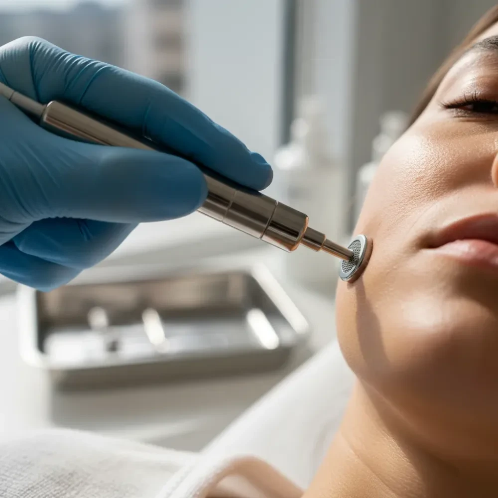 Close-up of a microneedling pen tip pressed against a woman's cheek during a skin rejuvenation treatment.