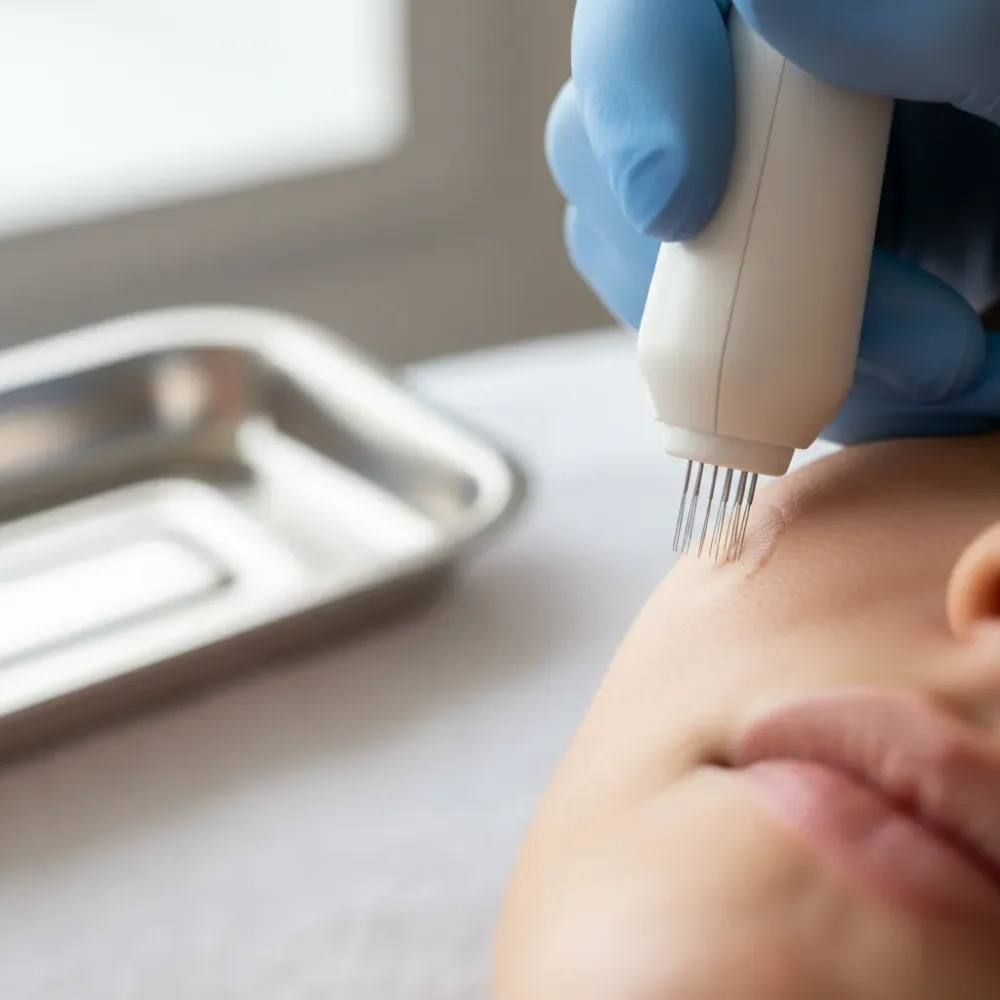 Close-up of a microneedling pen tip contacting facial skin near the cheekbone during a treatment session.