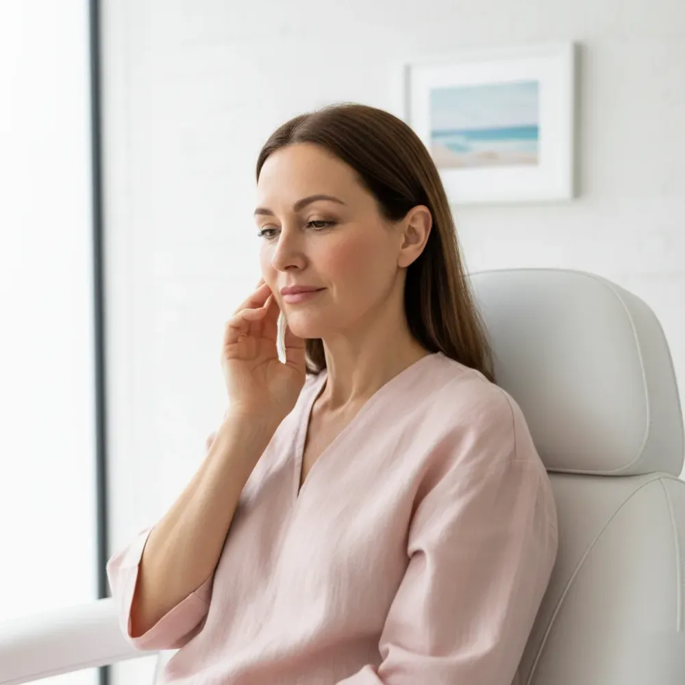 Woman in her 50s gently touching her cheek after a microneedling session inside a bright clinic room.