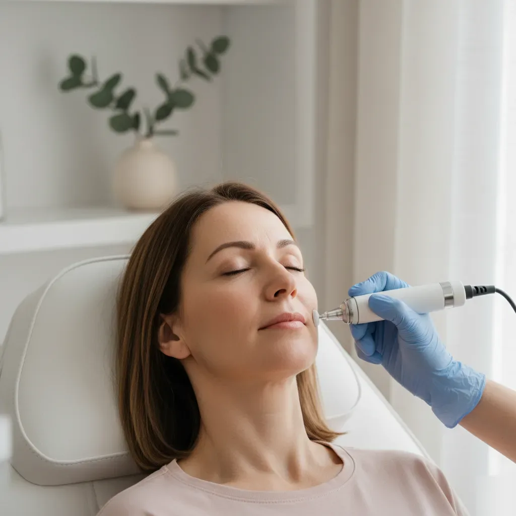 Woman receiving a microneedling treatment on her cheek at a boutique clinic in Murrells Inlet.