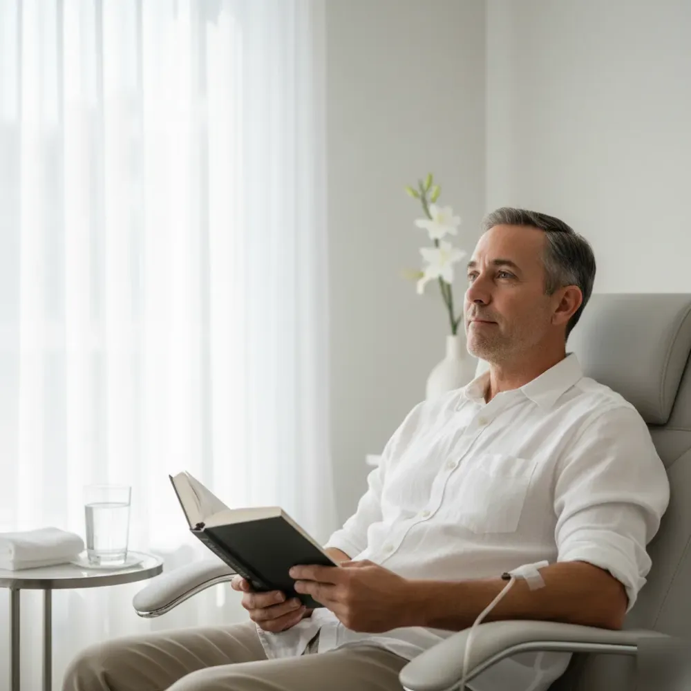 Man in his late 50s reads during a NAD+ IV drip session inside a clean coastal clinic in Murrells Inlet.