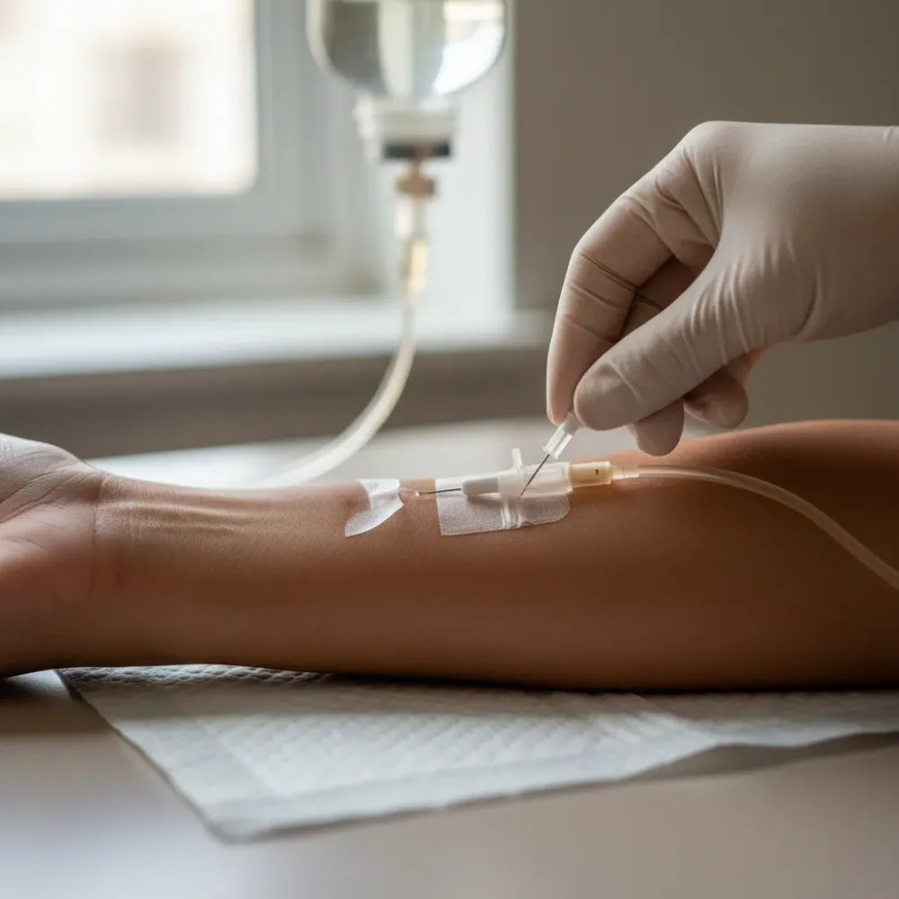 Close-up of an IV needle placed in a forearm during a NAD+ therapy session at a Murrells Inlet clinic.