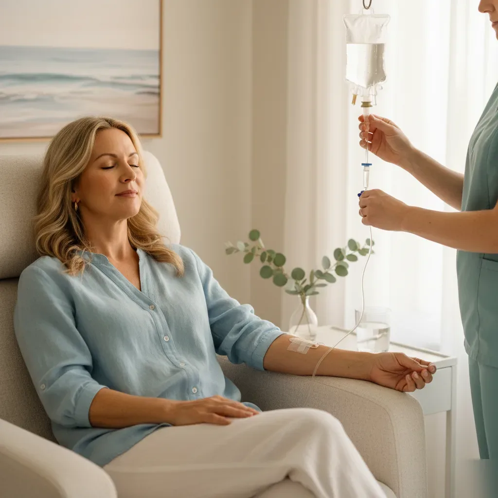 Woman in her 50s receives NAD+ IV therapy at a boutique rejuvenation clinic in Murrells Inlet.