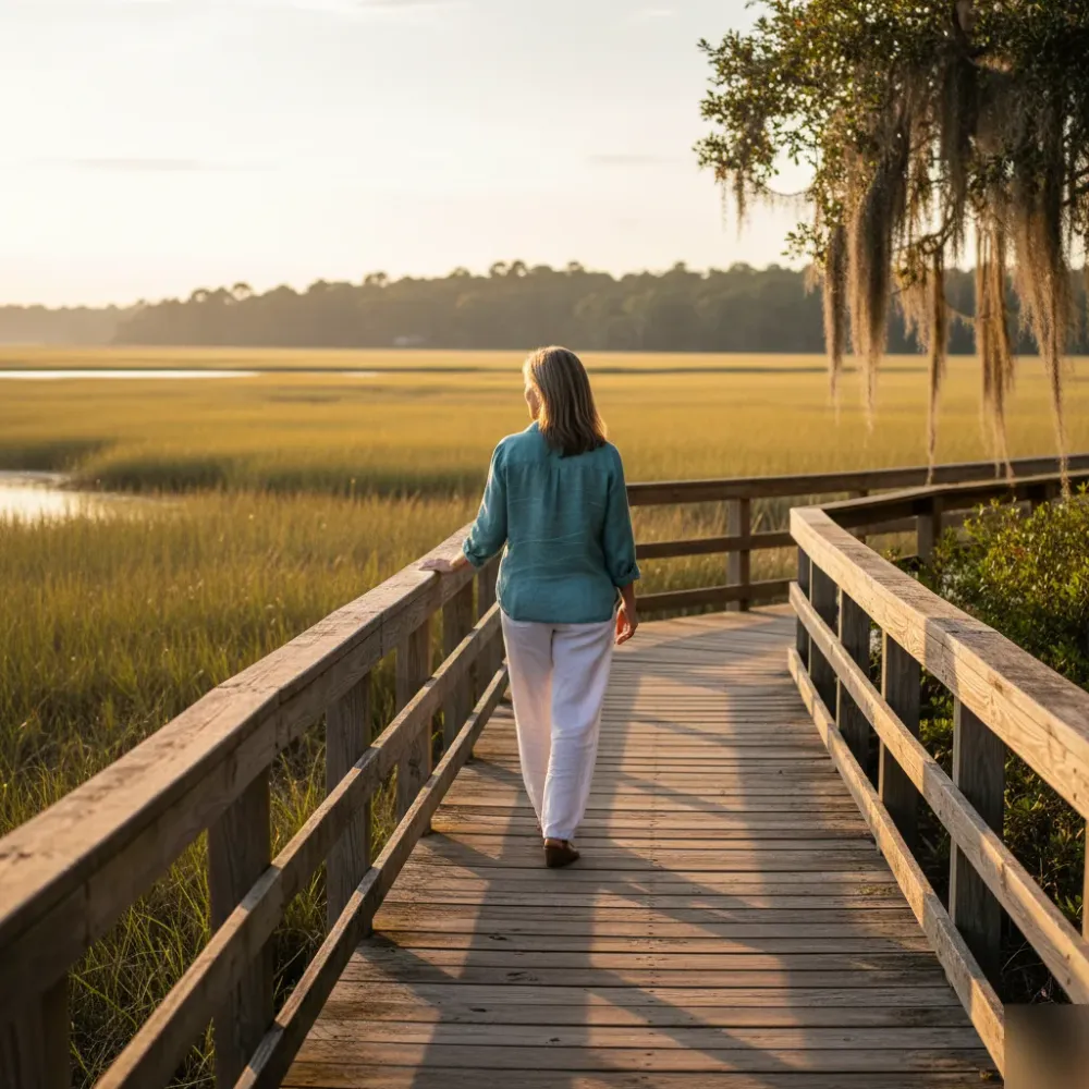 Woman walks along a Murrells Inlet marsh boardwalk in golden afternoon light after NAD+ therapy.