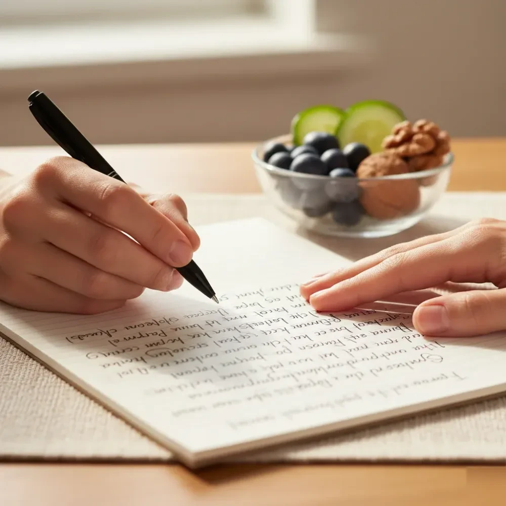 Close-up of a nutrition counselor writing dietary notes on a notepad during a counseling session.