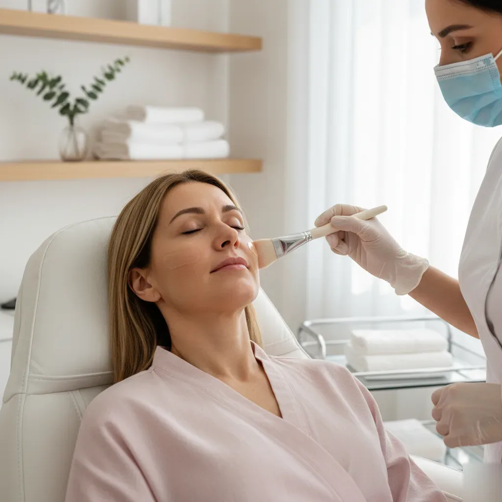 Aesthetician applying a chemical peel solution to a woman's face with a fan brush in a bright clinic.