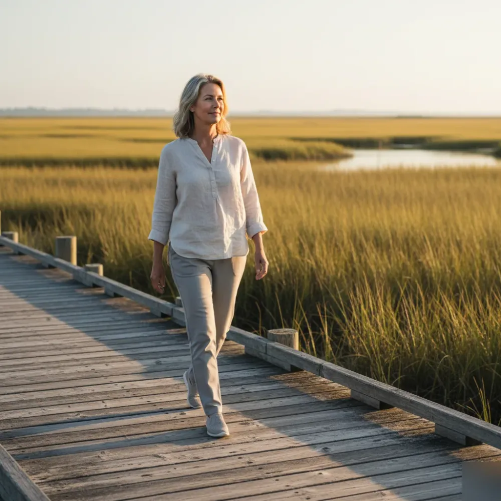 Woman in her mid-50s walks a weathered dock boardwalk along a South Carolina tidal marsh at golden hour.