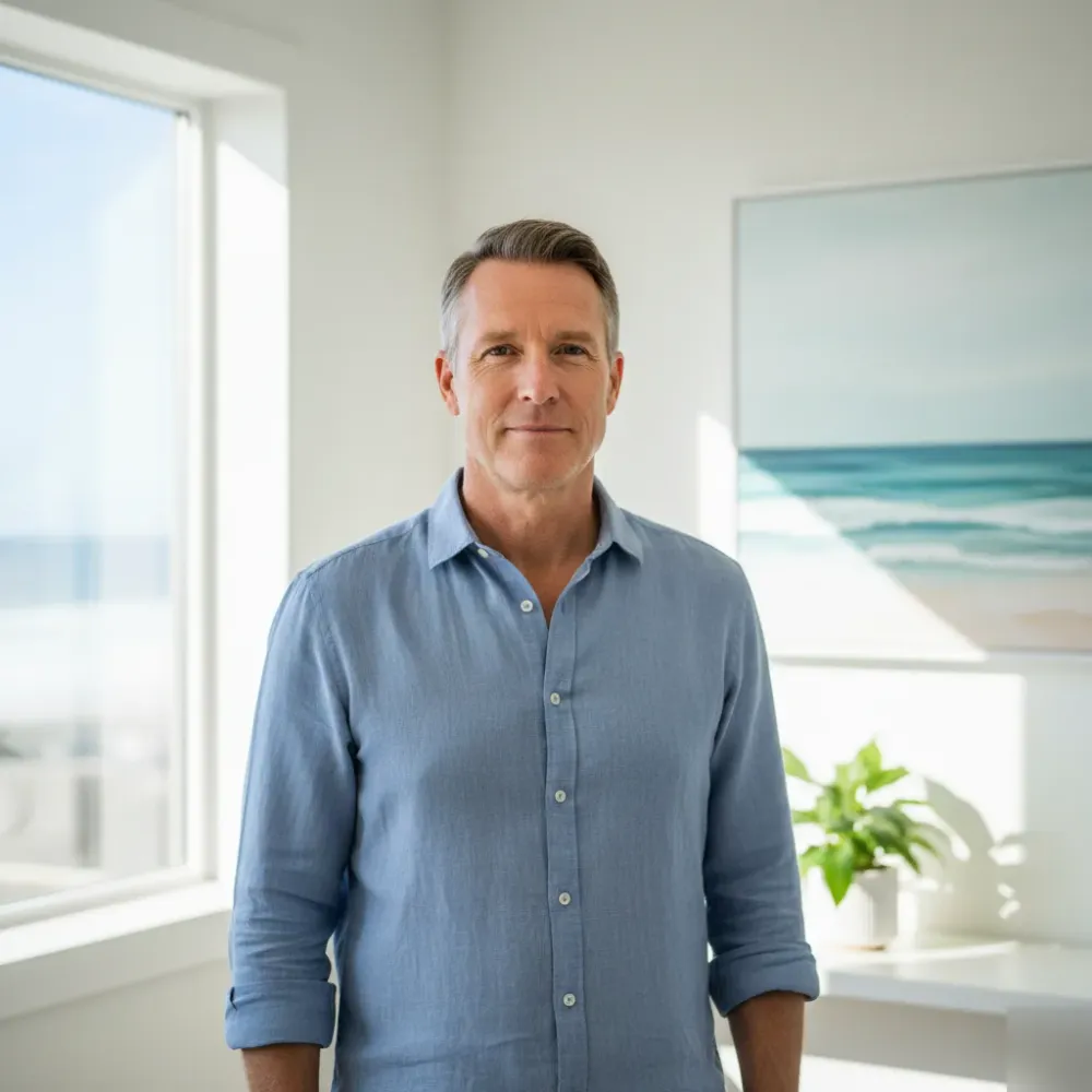 Man in his late 50s stands relaxed and upright in a sunlit boutique clinic room wearing a soft blue linen shirt.