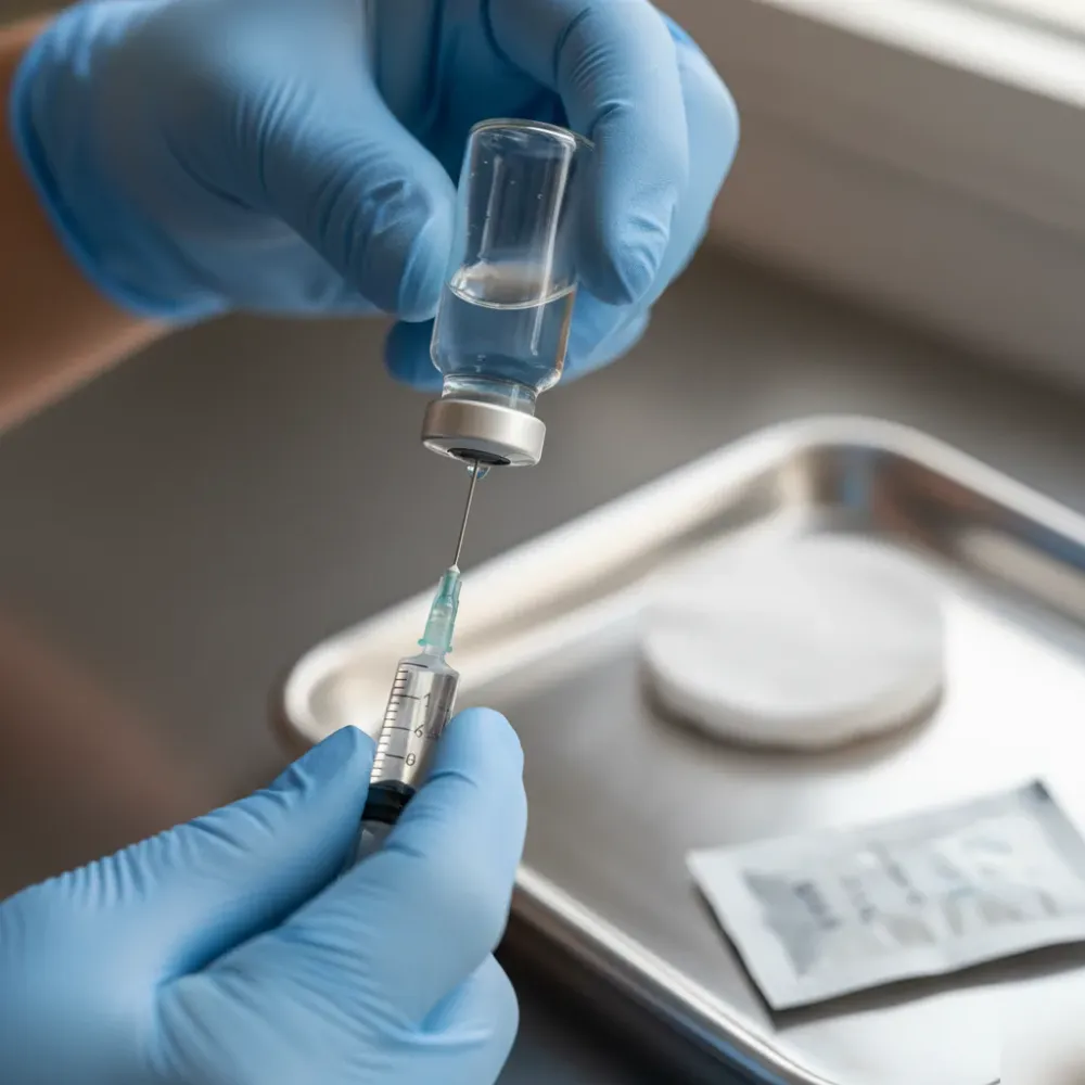 Gloved hands draw clear peptide solution into a fine-gauge syringe from a small glass vial on a steel tray.