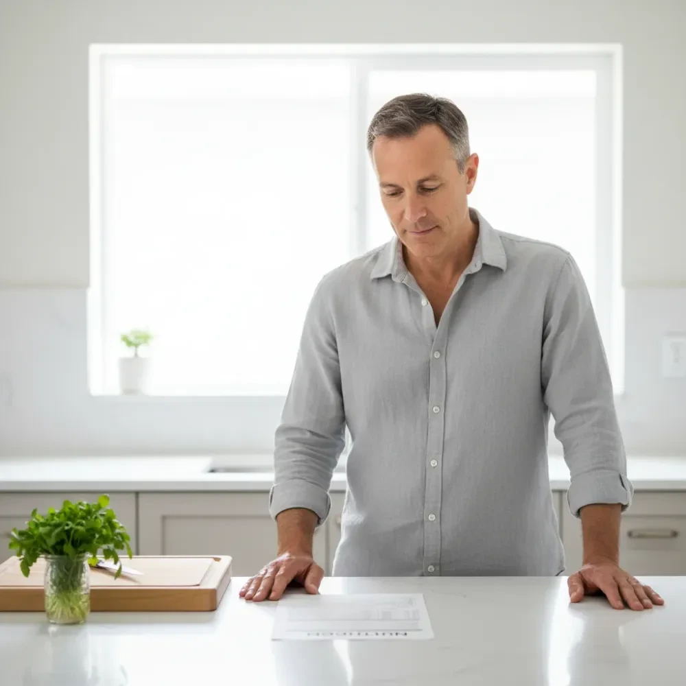 Man in his mid-50s reviewing a personalized nutrition plan on a bright clinic counter in Murrells Inlet.