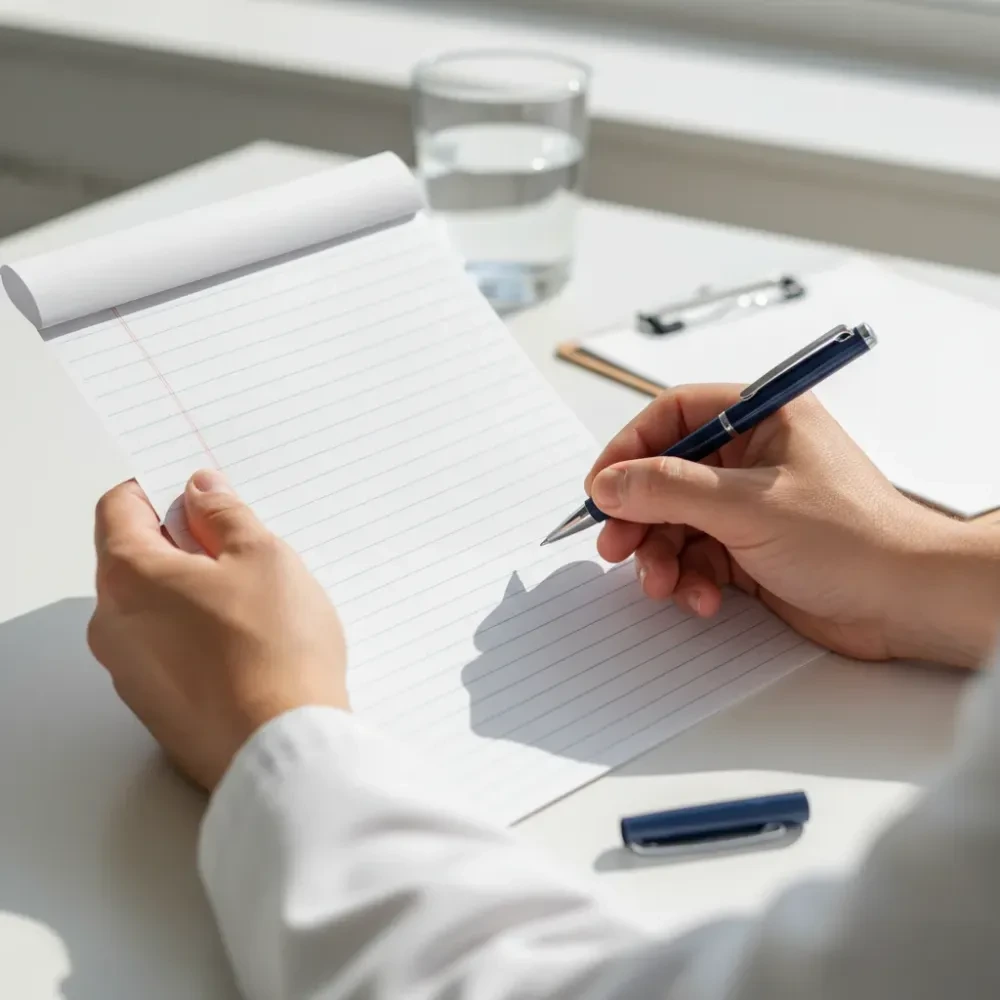 Close-up of a provider's hands holding a prescription pad and pen on a desk in a medical clinic — Phentermine Prescription at Jolie Visage in Murrells Inlet, SC
