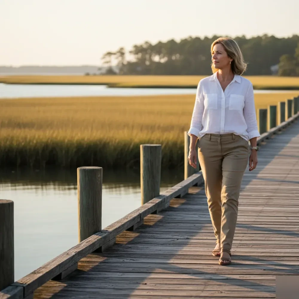 Woman walks along a sunlit coastal dock near a South Carolina marsh inlet in the late afternoon — Phentermine Prescription at Jolie Visage in Murrells Inlet, SC