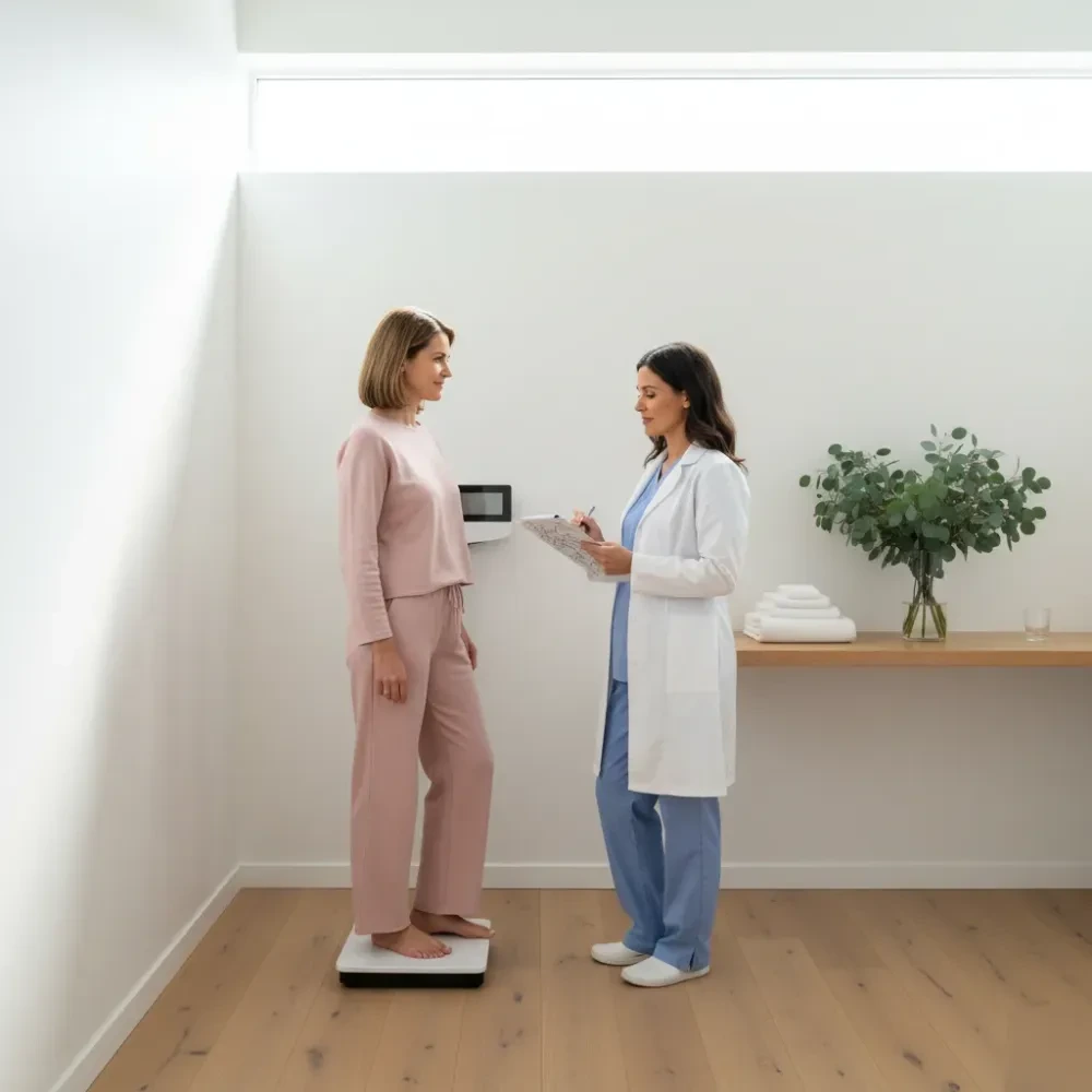 Woman stands near a clinic scale while a provider records measurements during a weight loss monitoring visit — Phentermine Prescription at Jolie Visage in Murrells Inlet, SC