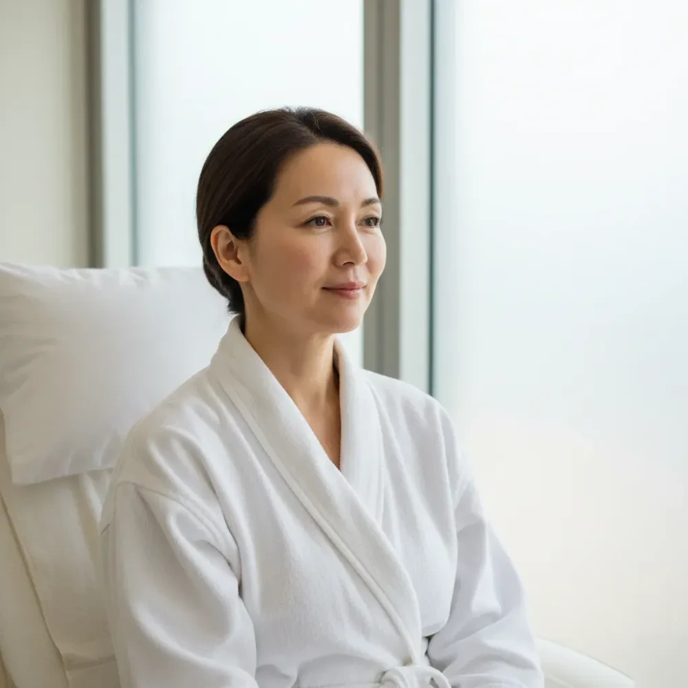 Woman with visibly clearer, even-toned skin sits in a treatment room after a pigmentation session.