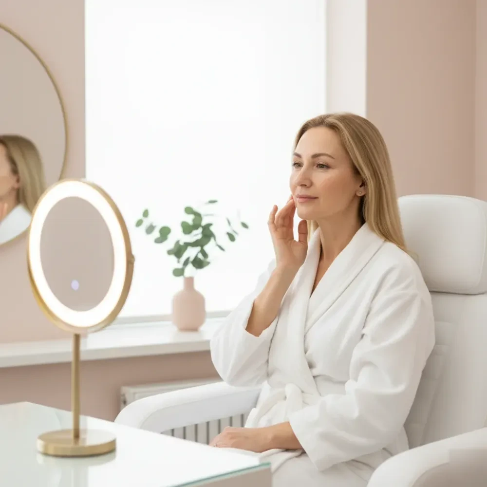 Woman in her early 50s touches her cheek while looking in a mirror after a pore cleansing facial, skin appearing smooth and