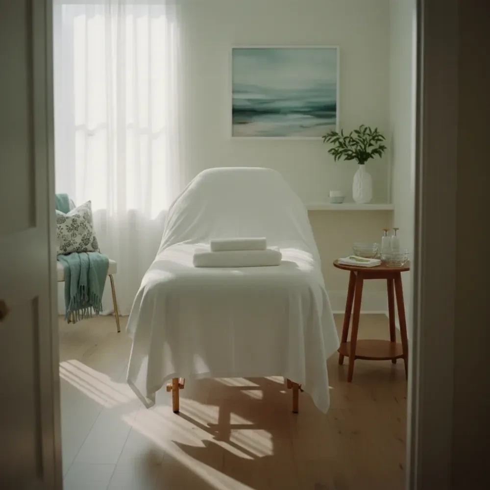 Empty boutique facial treatment room with a treatment bed, wooden tray of tools, and soft coastal sunlight through sheer