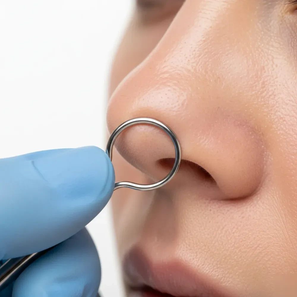 Close-up of a stainless steel comedone extractor pressed against a pore on a woman's nose during a pore cleansing facial.